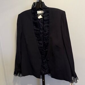 Sunny Choi Black Blazer Jacket Silk Ruffle Trim Accents, size 14 NWT